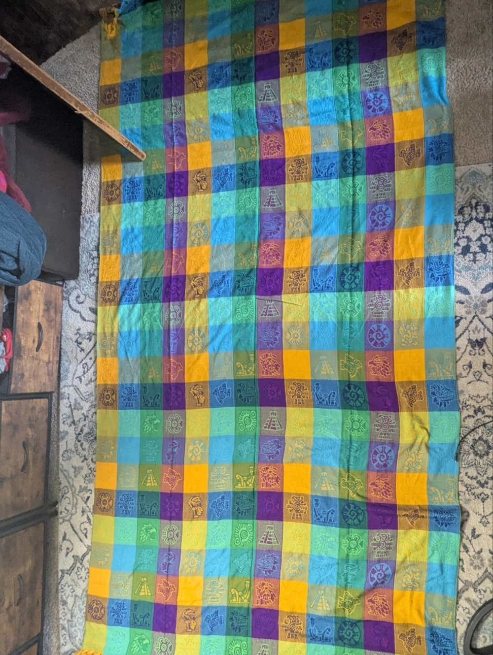 Colorful Checkered Tablecloth in Yellow, Teal, Purple, Green